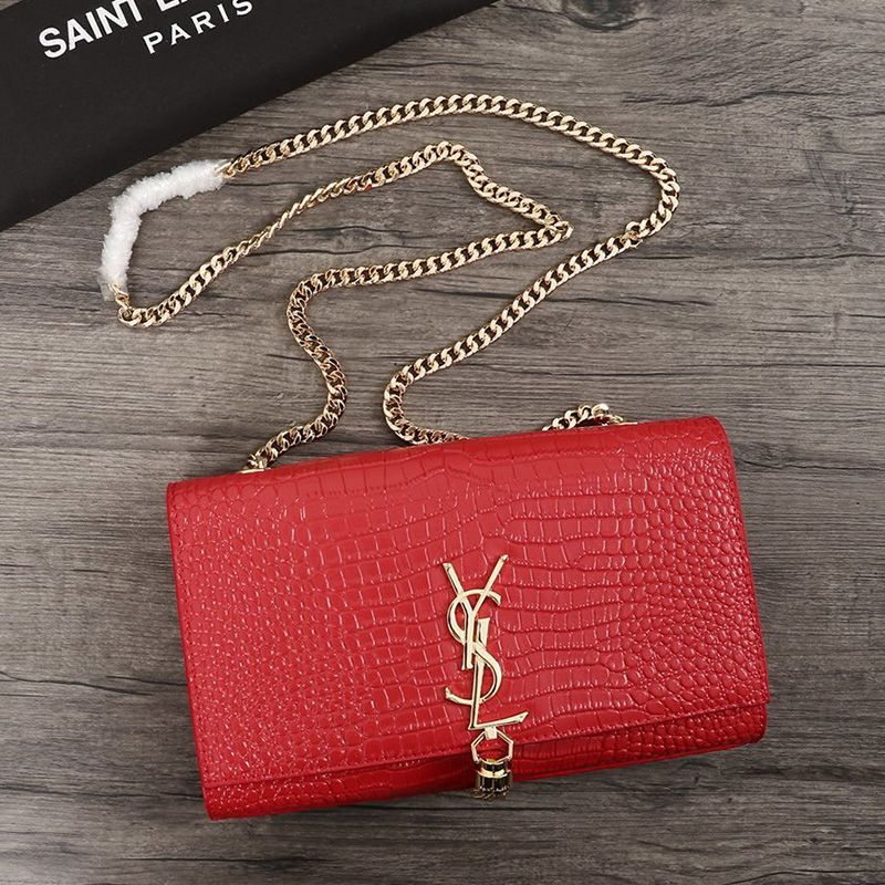 Saint Laurent Medium Kate Chain Bag with Tassel In Crocodile Embossed Shiny Leather Red Gold