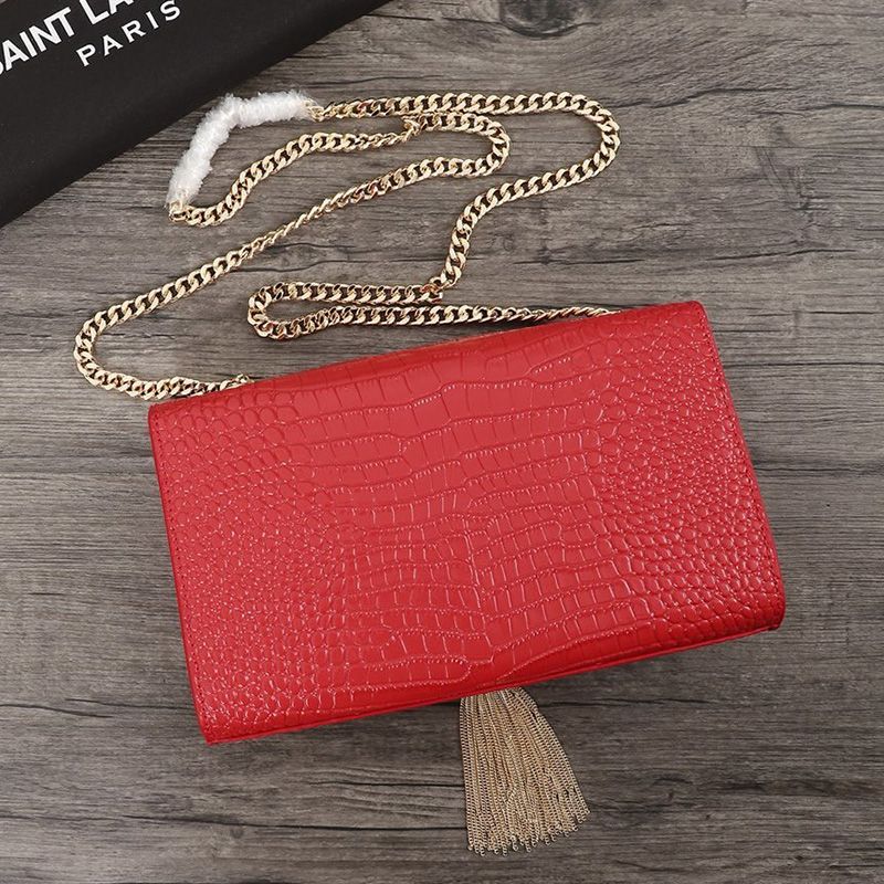 Saint Laurent Medium Kate Chain Bag with Tassel In Crocodile Embossed Shiny Leather Red Gold