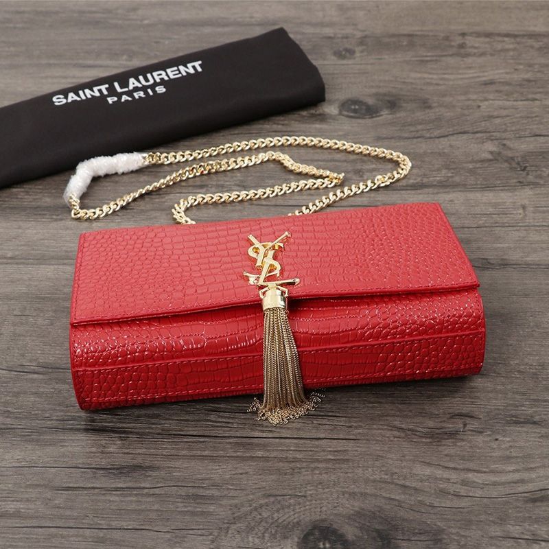 Saint Laurent Medium Kate Chain Bag with Tassel In Crocodile Embossed Shiny Leather Red Gold