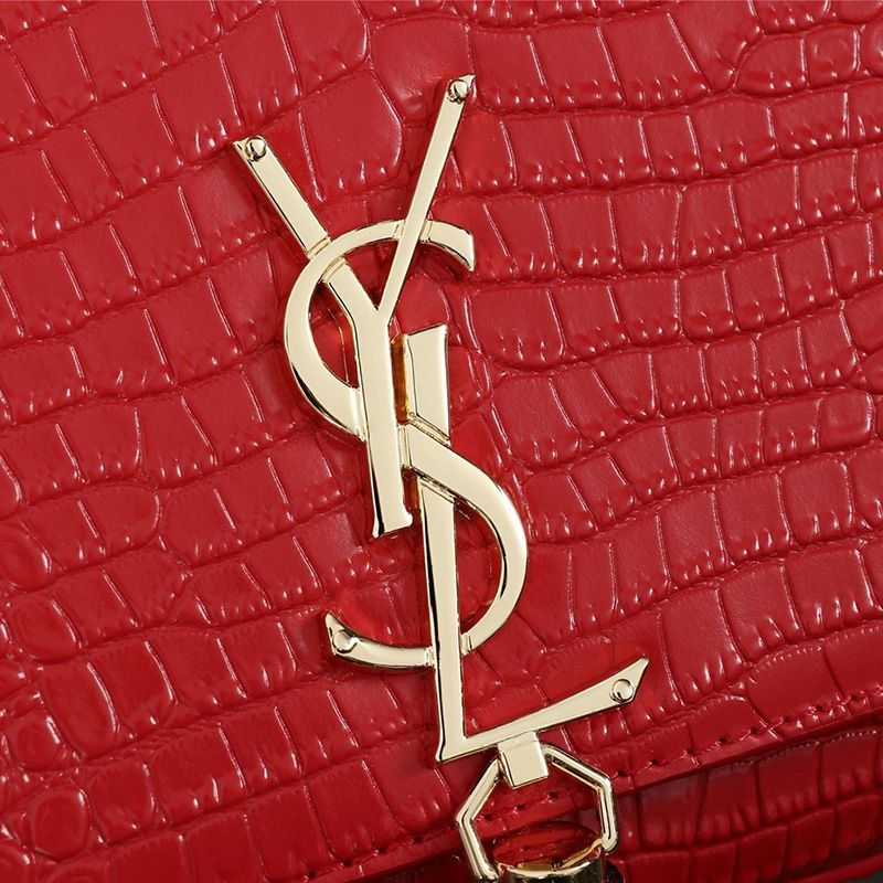 Saint Laurent Medium Kate Chain Bag with Tassel In Crocodile Embossed Shiny Leather Red Gold