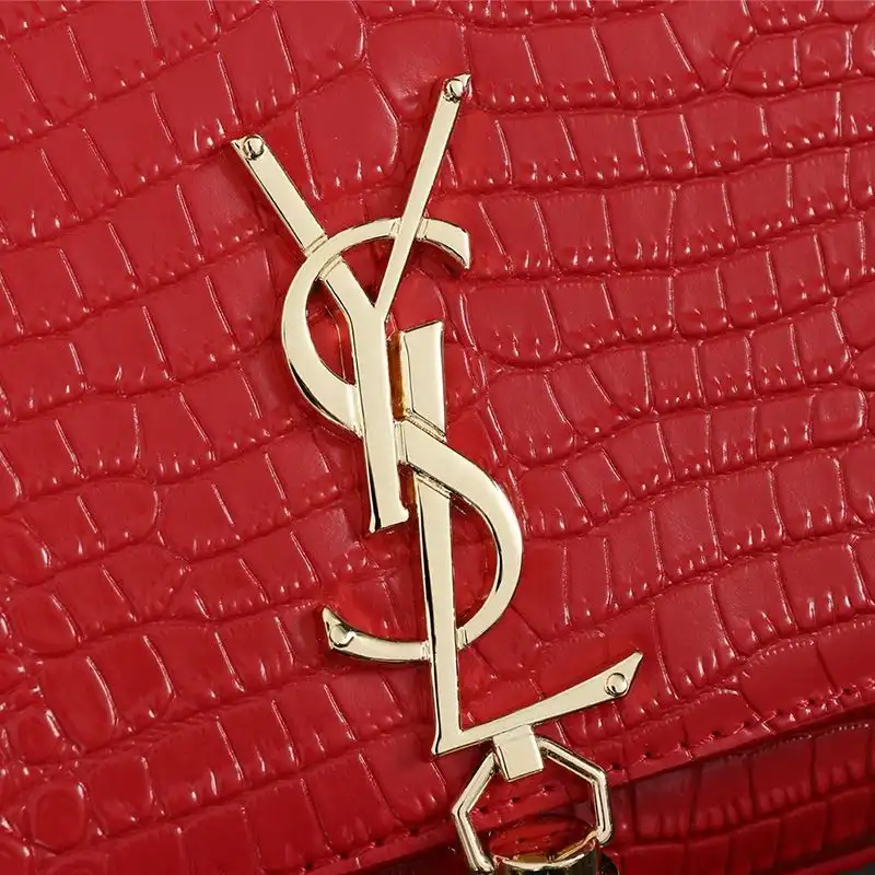 Cheap Saint Laurent Medium Kate Chain Bag with Tassel In Crocodile Embossed Shiny Leather Red Gold