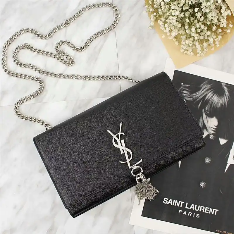 Saint Laurent Medium Kate Chain Bag with Tassel In Grained Leather Black Silver