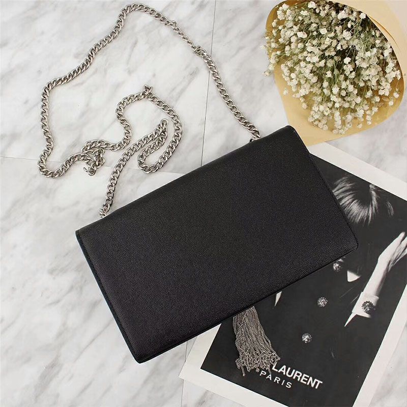 Saint Laurent Medium Kate Chain Bag with Tassel In Grained Leather Black Silver