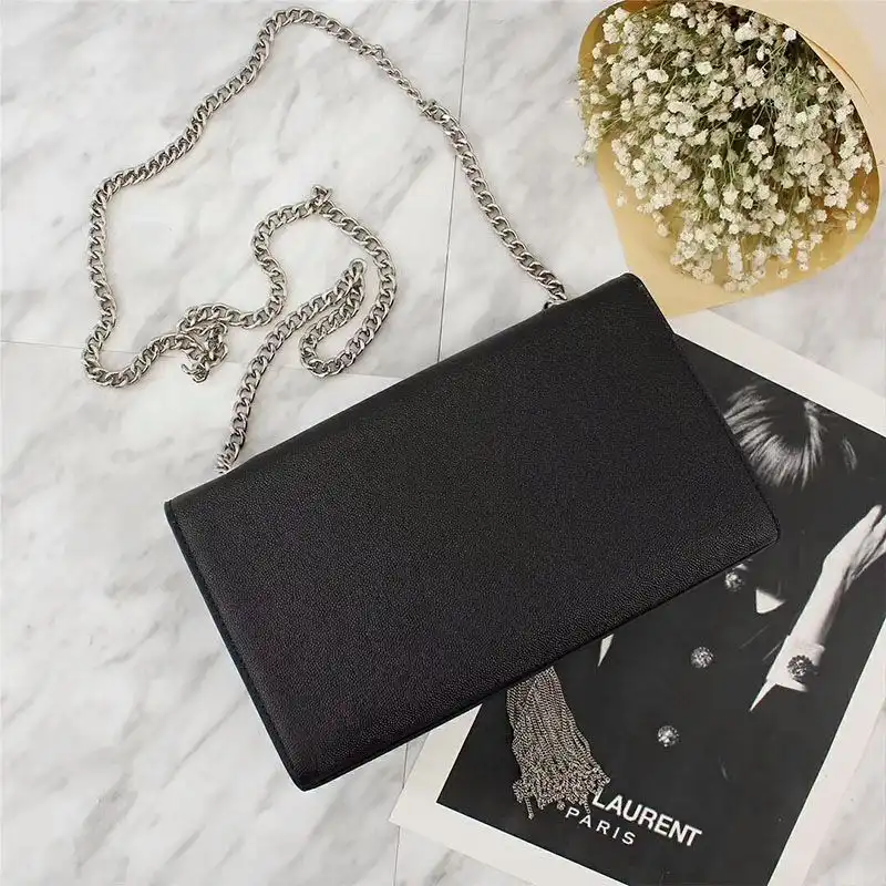 Cheap Saint Laurent Medium Kate Chain Bag with Tassel In Grained Leather Black Silver