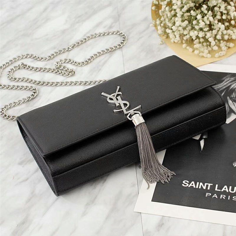 Saint Laurent Medium Kate Chain Bag with Tassel In Grained Leather Black Silver