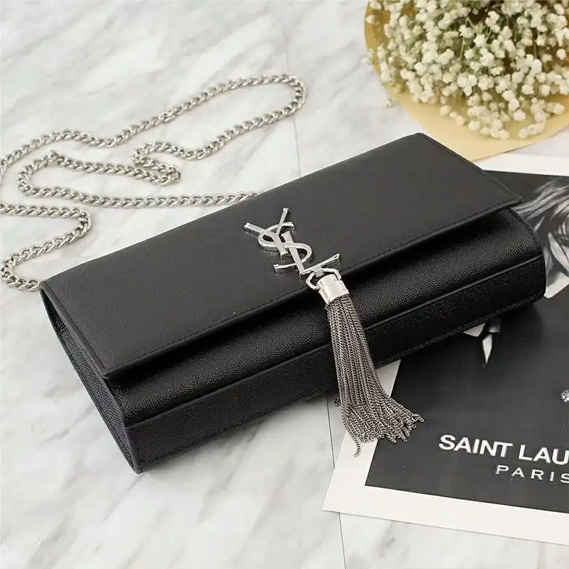 Cheap Saint Laurent Medium Kate Chain Bag with Tassel In Grained Leather Black Silver