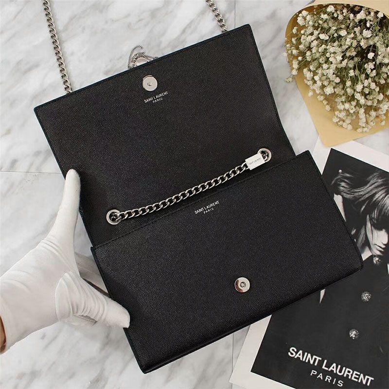 Saint Laurent Medium Kate Chain Bag with Tassel In Grained Leather Black Silver