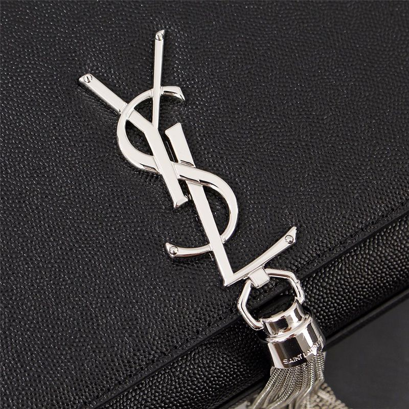 Saint Laurent Medium Kate Chain Bag with Tassel In Grained Leather Black Silver