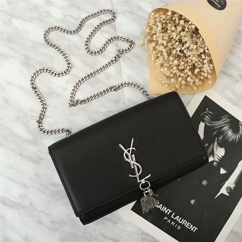 Saint Laurent Medium Kate Chain Bag with Tassel In Leather Black Silver