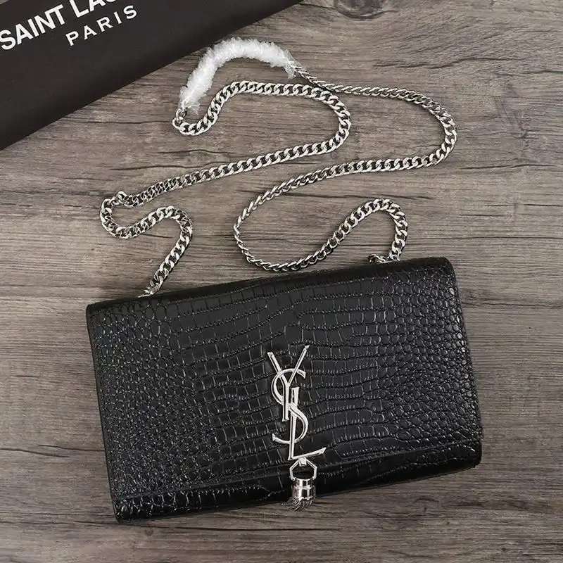 Saint Laurent Medium Kate Chain Bag with Tassel In Crocodile Embossed Shiny Leather Black Silver