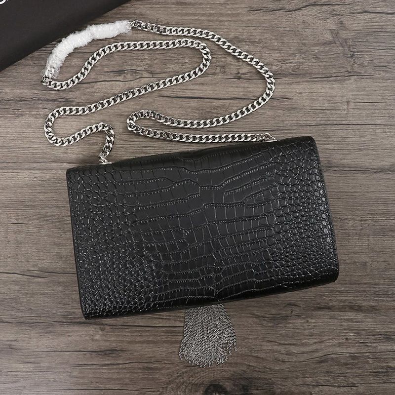 Saint Laurent Medium Kate Chain Bag with Tassel In Crocodile Embossed Shiny Leather Black Silver