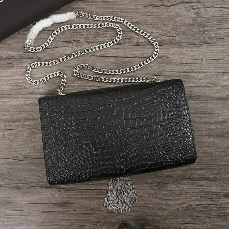 Cheap Saint Laurent Medium Kate Chain Bag with Tassel In Crocodile Embossed Shiny Leather Black Silver