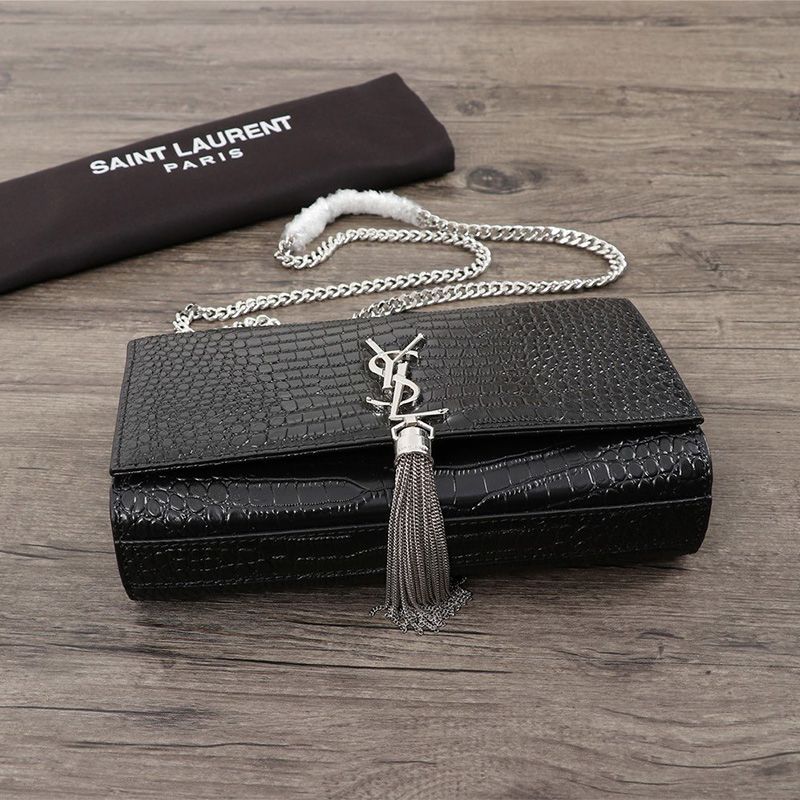 Saint Laurent Medium Kate Chain Bag with Tassel In Crocodile Embossed Shiny Leather Black Silver