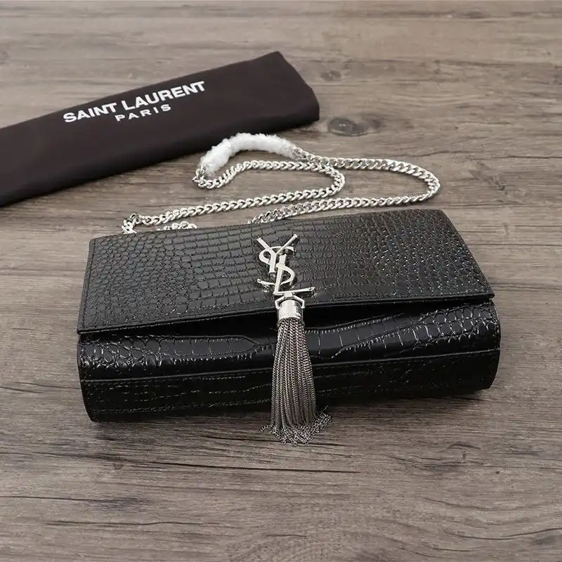 Cheap Saint Laurent Medium Kate Chain Bag with Tassel In Crocodile Embossed Shiny Leather Black Silver