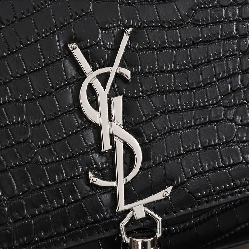 Saint Laurent Medium Kate Chain Bag with Tassel In Crocodile Embossed Shiny Leather Black Silver