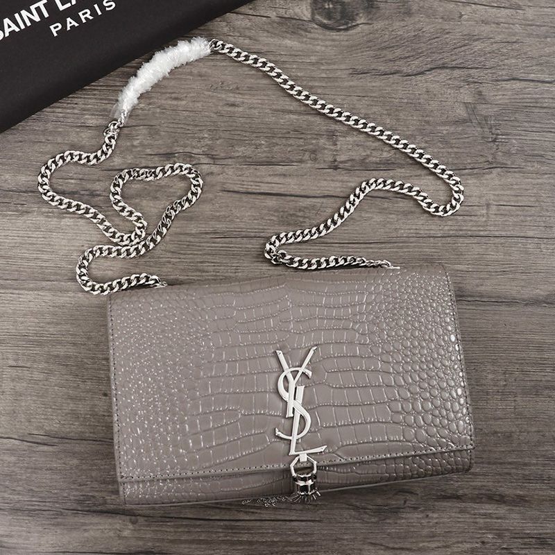 Saint Laurent Medium Kate Chain Bag with Tassel In Crocodile Embossed Shiny Leather Grey Silver