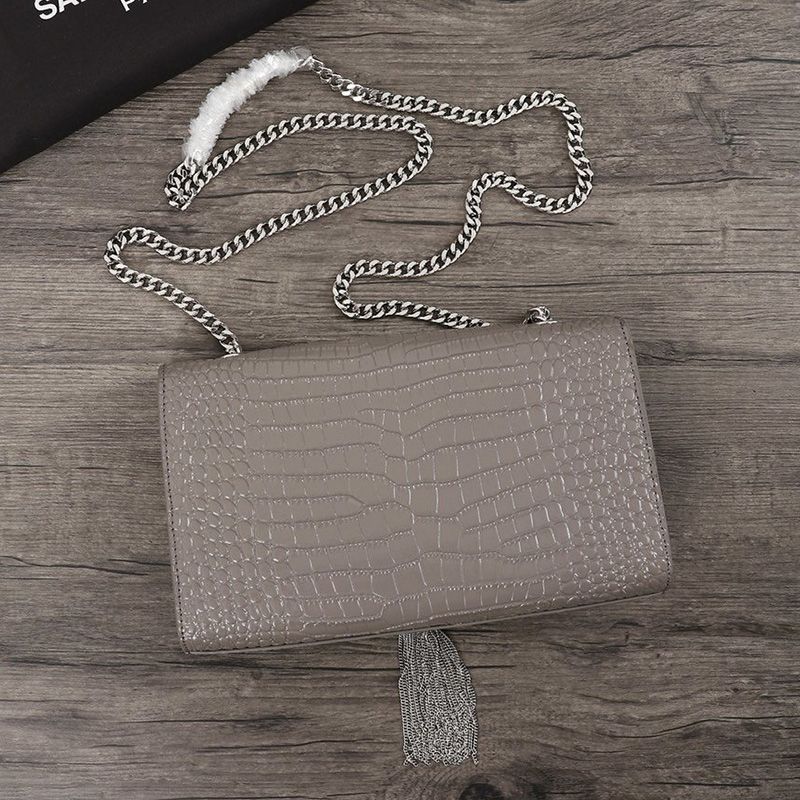 Saint Laurent Medium Kate Chain Bag with Tassel In Crocodile Embossed Shiny Leather Grey Silver