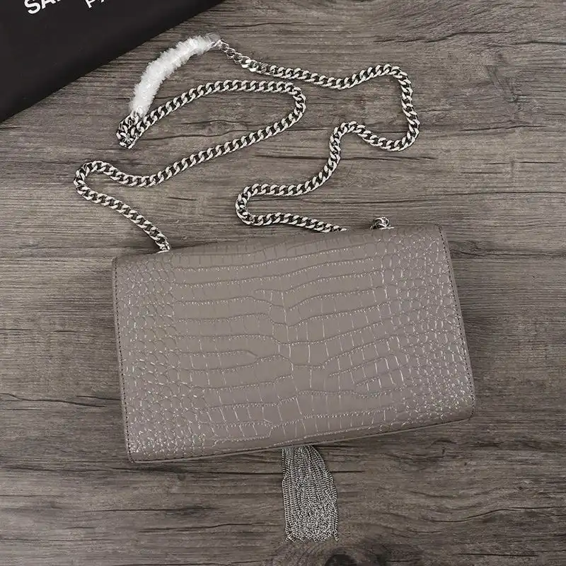 Cheap Saint Laurent Medium Kate Chain Bag with Tassel In Crocodile Embossed Shiny Leather Grey Silver