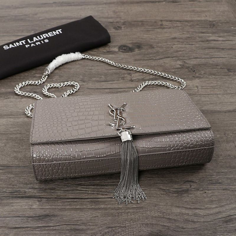 Saint Laurent Medium Kate Chain Bag with Tassel In Crocodile Embossed Shiny Leather Grey Silver