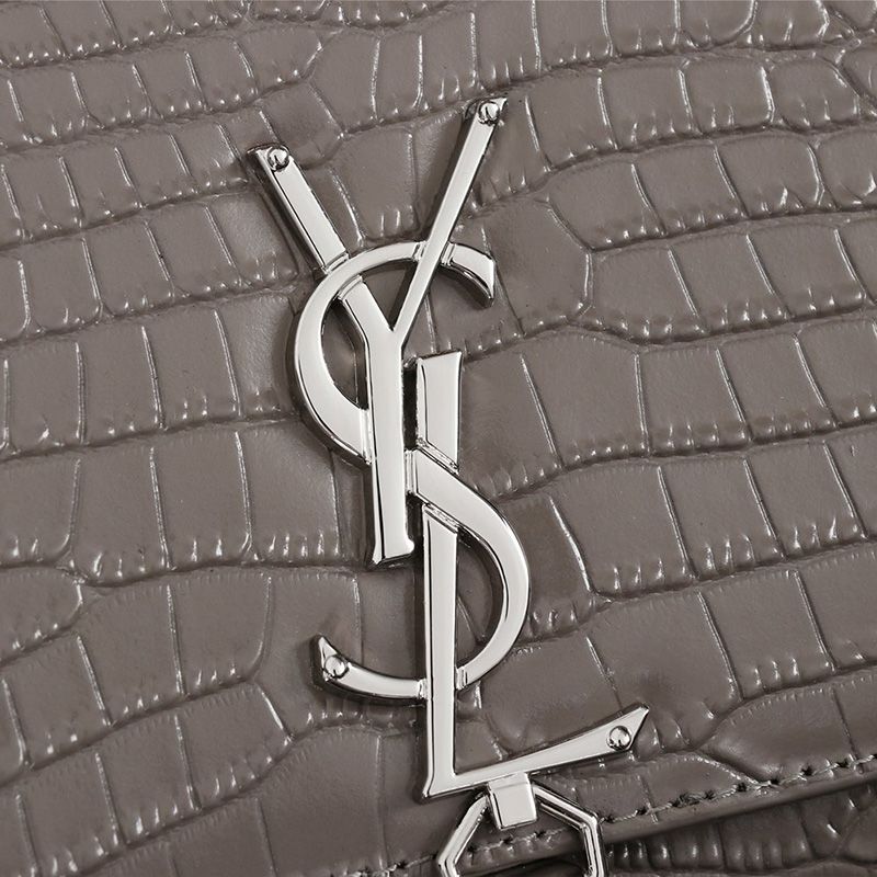 Saint Laurent Medium Kate Chain Bag with Tassel In Crocodile Embossed Shiny Leather Grey Silver