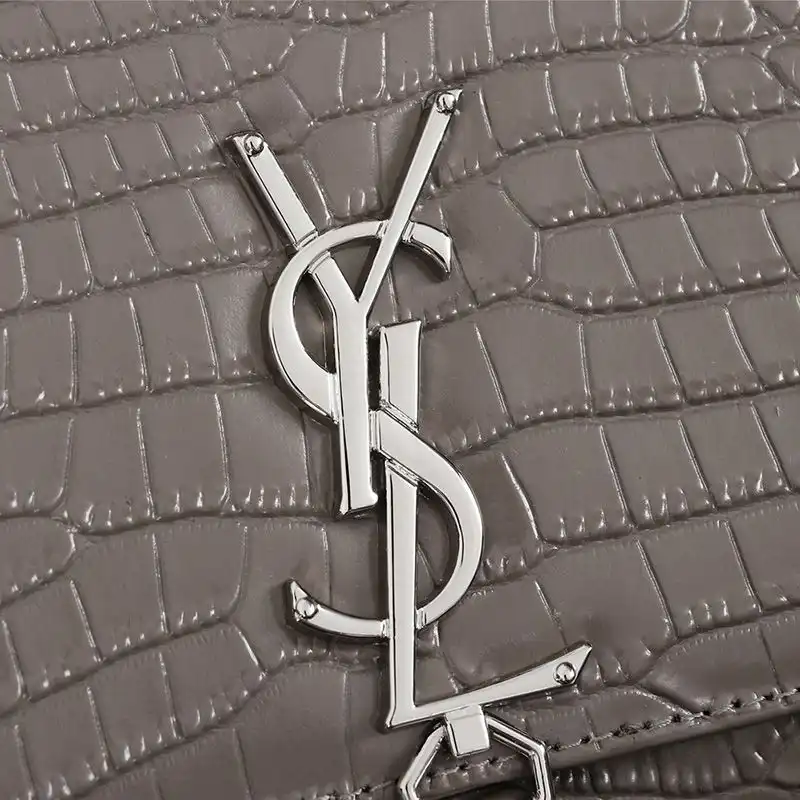 Cheap Saint Laurent Medium Kate Chain Bag with Tassel In Crocodile Embossed Shiny Leather Grey Silver