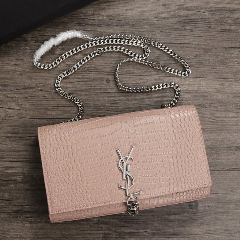 Saint Laurent Medium Kate Chain Bag with Tassel In Crocodile Embossed Shiny Leather Pink Silver