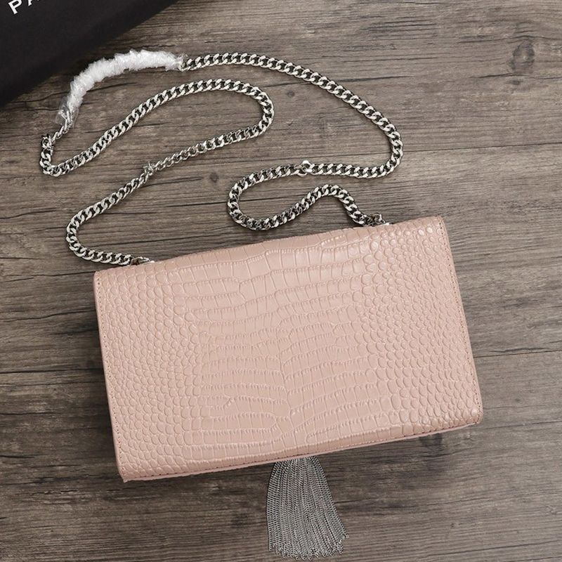 Saint Laurent Medium Kate Chain Bag with Tassel In Crocodile Embossed Shiny Leather Pink Silver