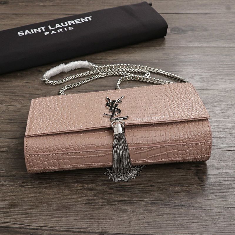 Saint Laurent Medium Kate Chain Bag with Tassel In Crocodile Embossed Shiny Leather Pink Silver