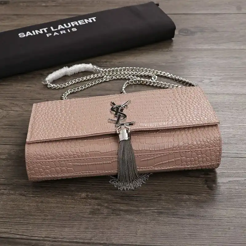 Cheap Saint Laurent Medium Kate Chain Bag with Tassel In Crocodile Embossed Shiny Leather Pink Silver