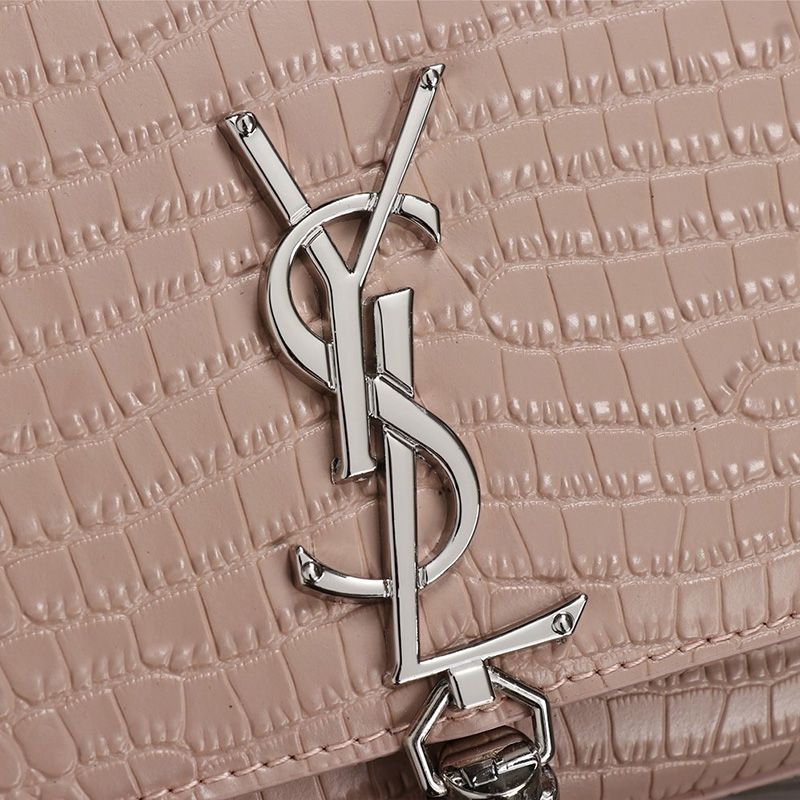 Saint Laurent Medium Kate Chain Bag with Tassel In Crocodile Embossed Shiny Leather Pink Silver