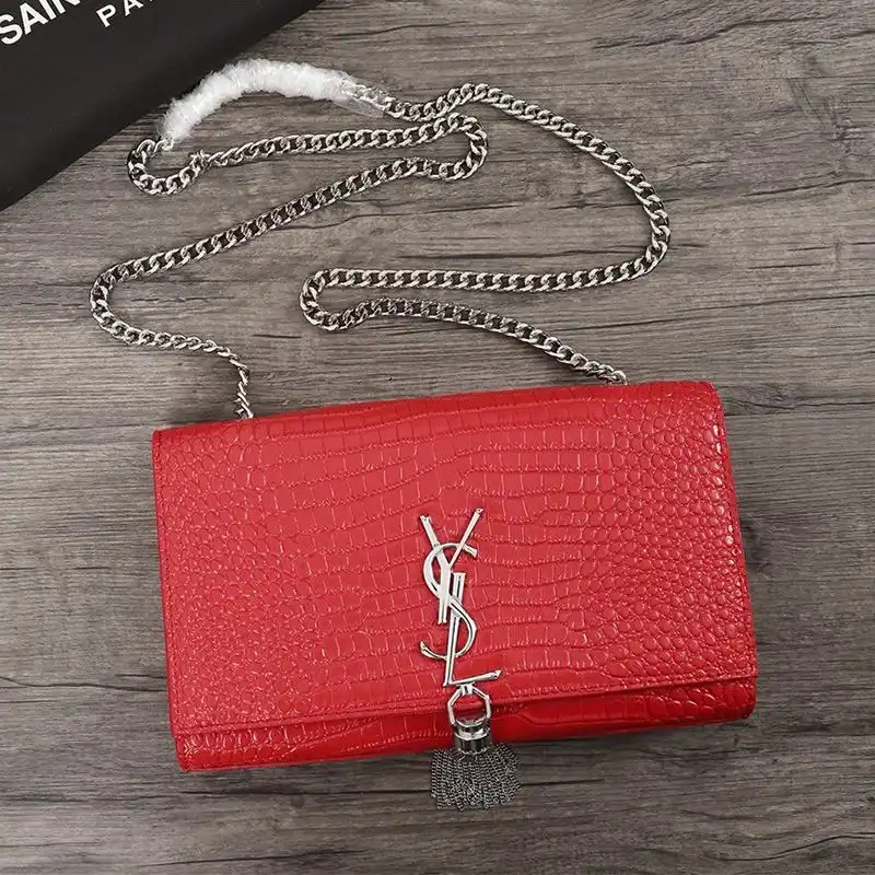 Saint Laurent Medium Kate Chain Bag with Tassel In Crocodile Embossed Shiny Leather Red Silver