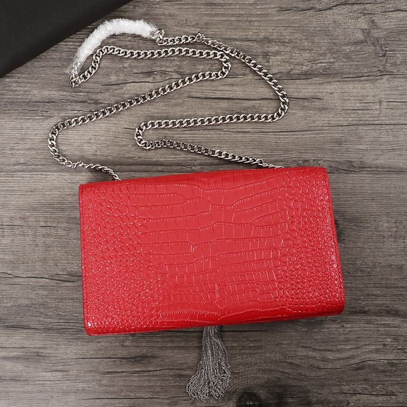 Saint Laurent Medium Kate Chain Bag with Tassel In Crocodile Embossed Shiny Leather Red Silver