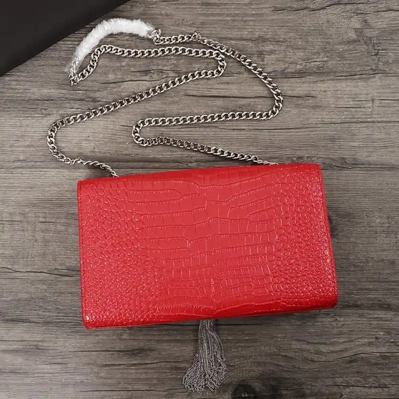 Cheap Saint Laurent Medium Kate Chain Bag with Tassel In Crocodile Embossed Shiny Leather Red Silver