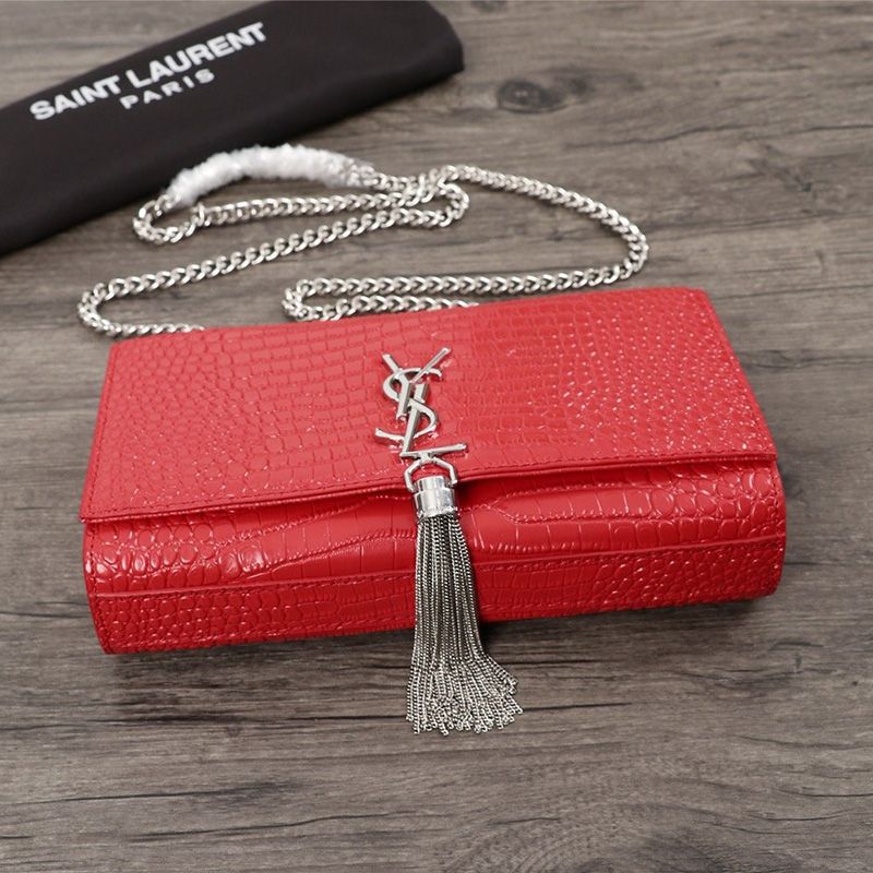 Saint Laurent Medium Kate Chain Bag with Tassel In Crocodile Embossed Shiny Leather Red Silver