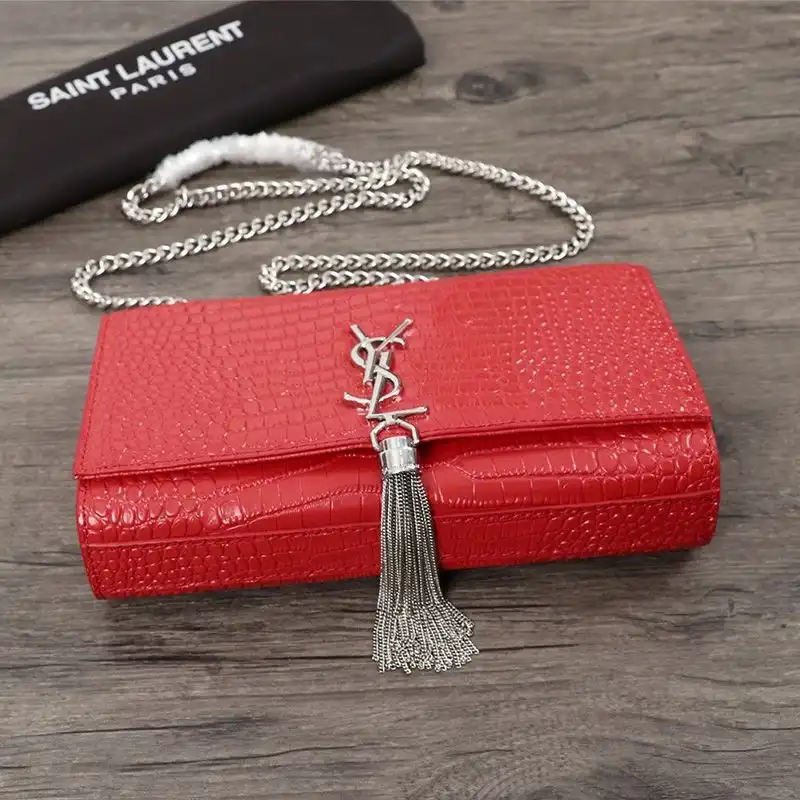 Cheap Saint Laurent Medium Kate Chain Bag with Tassel In Crocodile Embossed Shiny Leather Red Silver