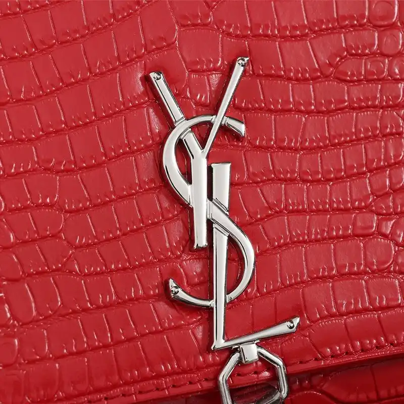 Cheap Saint Laurent Medium Kate Chain Bag with Tassel In Crocodile Embossed Shiny Leather Red Silver