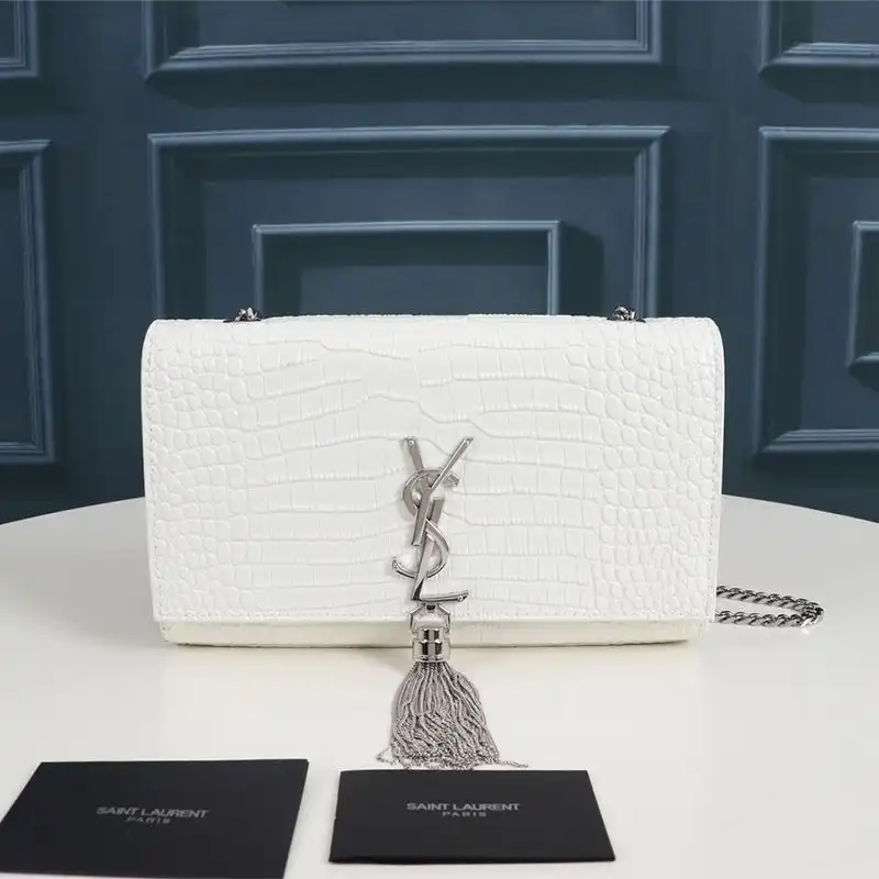 Saint Laurent Medium Kate Chain Bag with Tassel In Crocodile Embossed Shiny Leather White Silver