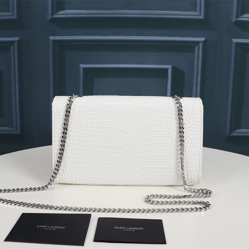 Saint Laurent Medium Kate Chain Bag with Tassel In Crocodile Embossed Shiny Leather White Silver