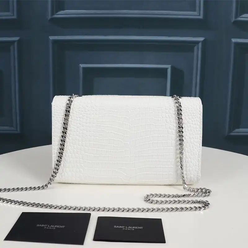 Cheap Saint Laurent Medium Kate Chain Bag with Tassel In Crocodile Embossed Shiny Leather White Silver