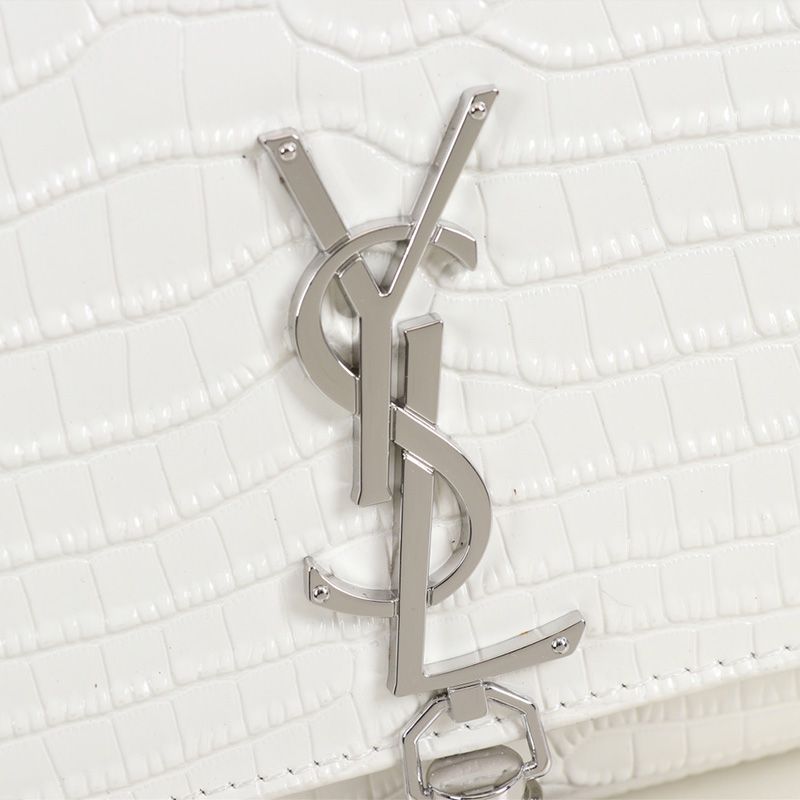 Saint Laurent Medium Kate Chain Bag with Tassel In Crocodile Embossed Shiny Leather White Silver