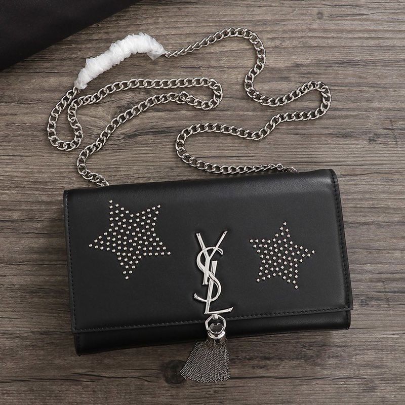 Saint Laurent Medium Kate Chain Bag with Tassel In Star Studded Leather Black Silver