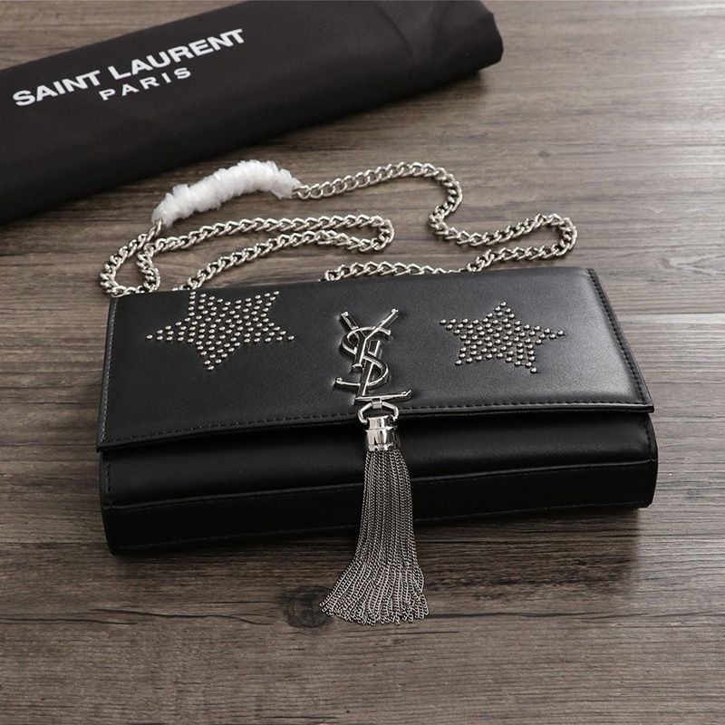 Saint Laurent Medium Kate Chain Bag with Tassel In Star Studded Leather Black Silver