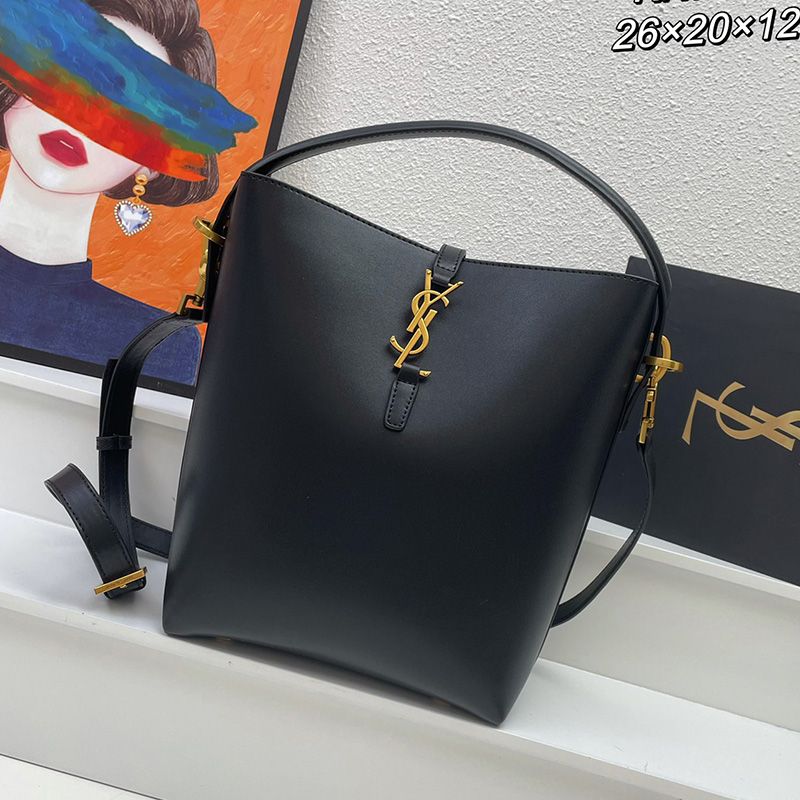 Saint Laurent Medium Le 37 Bucket Bag In Shiny Leather Black Gold