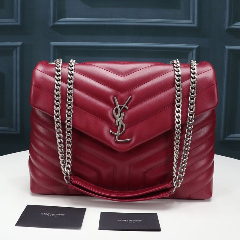 Saint Laurent Medium Loulou Chain Bag In Y Matelasse Leather Red Silver