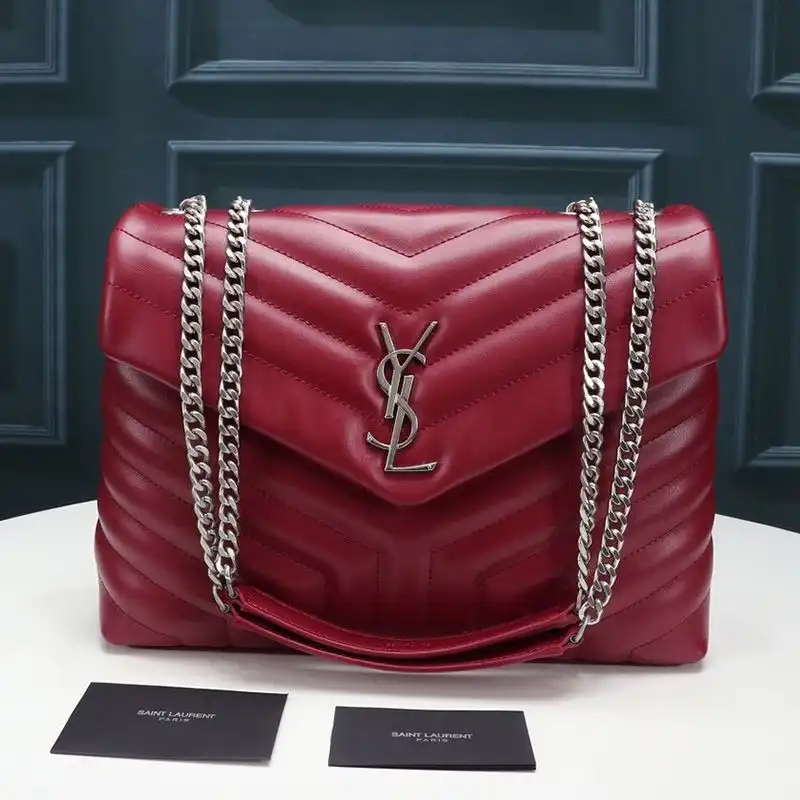 Saint Laurent Medium Loulou Chain Bag In Y Matelasse Leather Red Silver