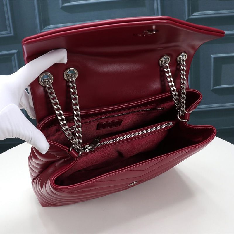 Saint Laurent Medium Loulou Chain Bag In Y Matelasse Leather Red Silver