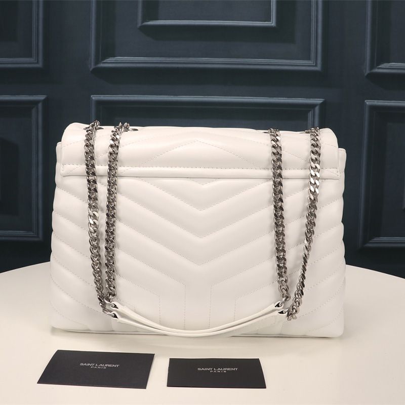 Saint Laurent Medium Loulou Chain Bag In Y Matelasse Leather White Silver