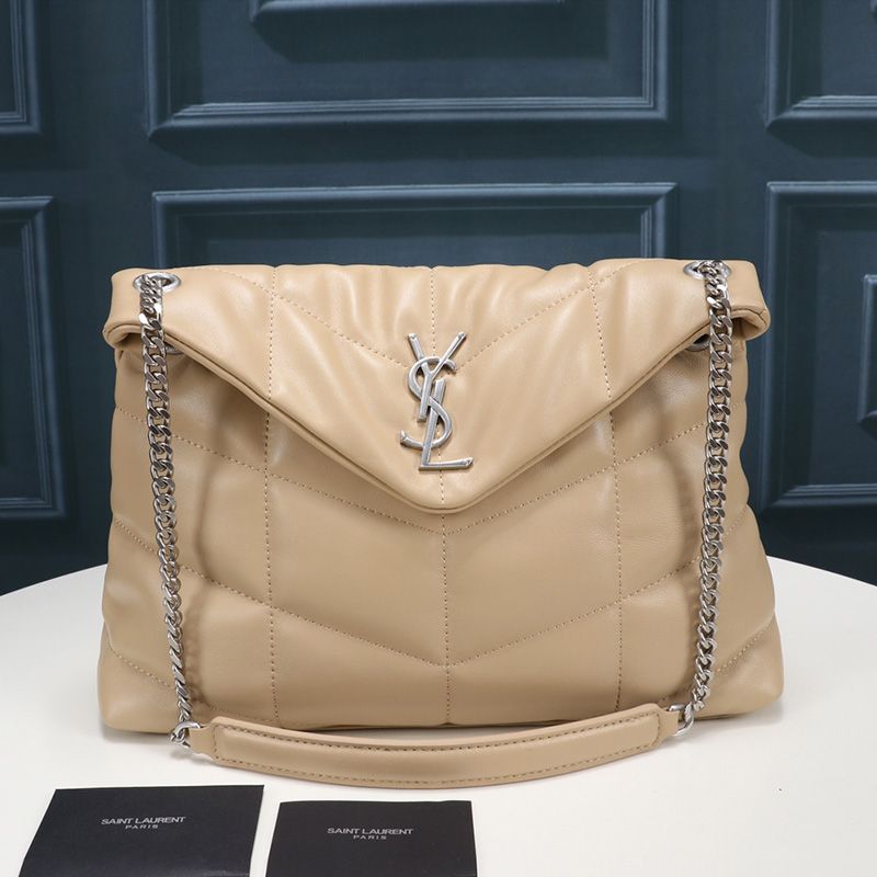 Saint Laurent Medium Loulou Puffer Bag In Quilted Lambskin Apricot Silver