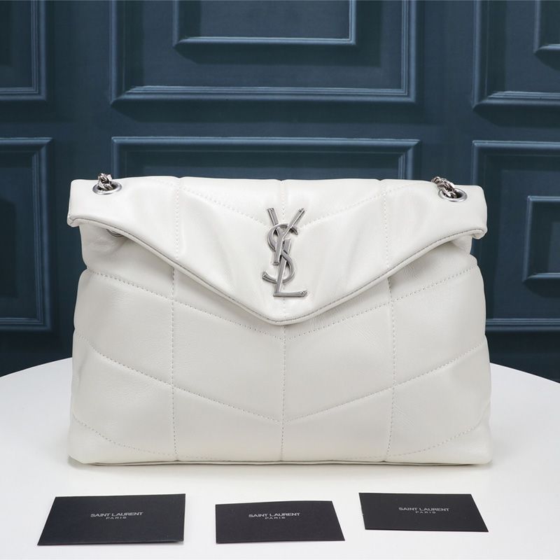 Saint Laurent Medium Loulou Puffer Bag In Quilted Lambskin White Silver