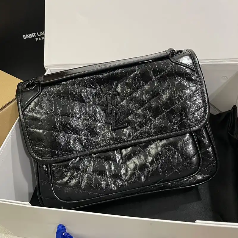 Saint Laurent Medium Niki Chain Bag In Crinkled And Quilted Leather Black